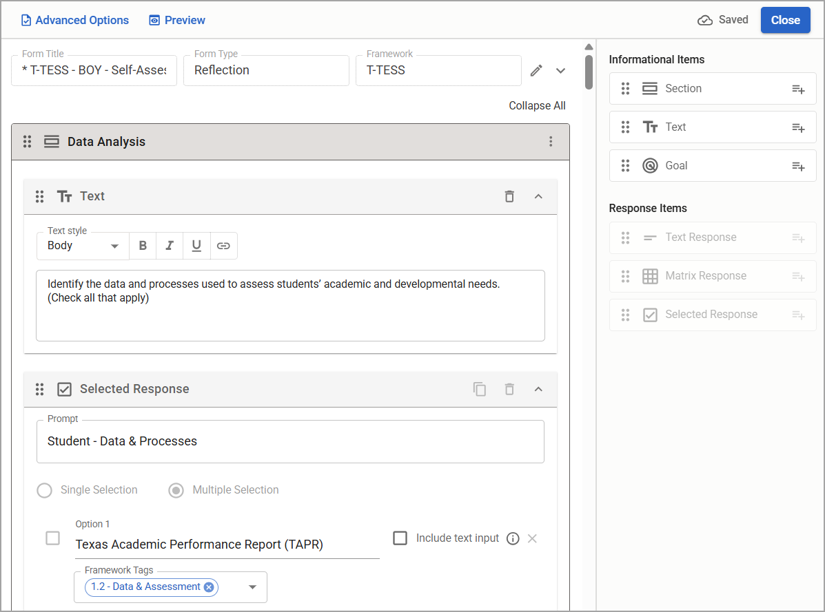 Form showing editable informational items and uneditable response items.